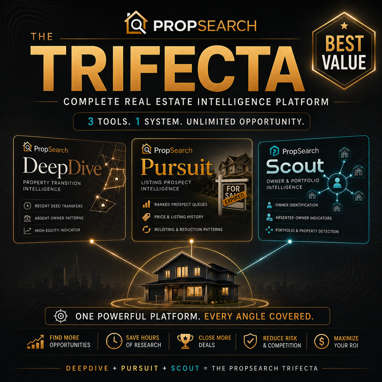 The PropSearch Trifecta visual showing DeepDive, Pursuit and Scout working together